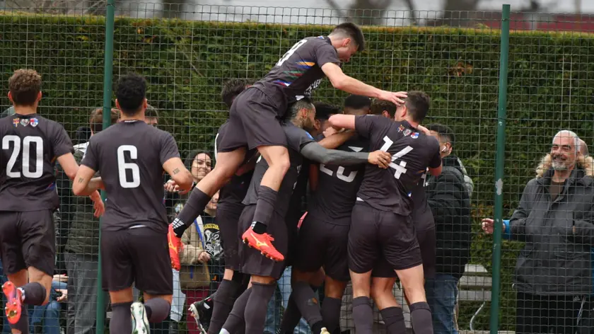 I giocatori della Dolomiti Bellunesi esultano: anche il Treviso è andato ko (foto De Zanet)