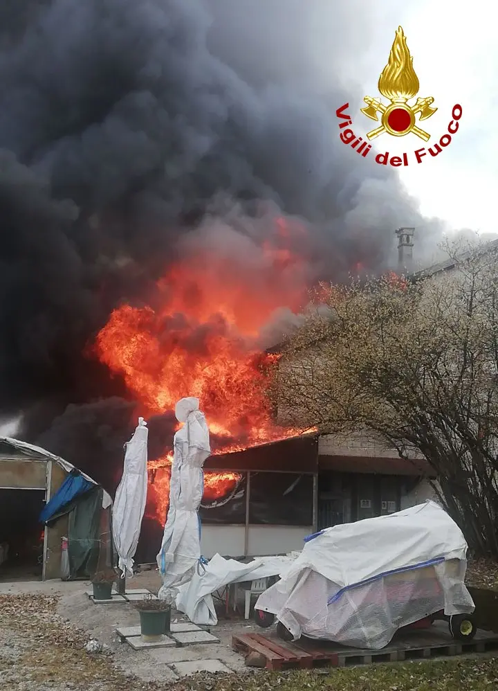 L'incendio a Corte di Mel, in comune di Borgo Valbelluna (Foto vigili del fuoco)