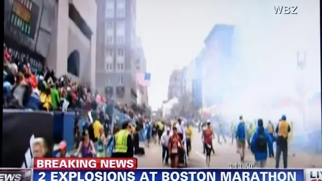 April 15, 2013 - Boston, Massachusetts, U.S. - Video grab of CNN taken on April 15, 2013 shows explosions that occurred near the Boston Marathon finish line, injuring dozens. LaPresse.Only Italy