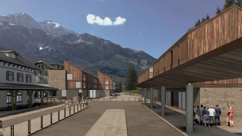 Il rendering dell'ex stazione di Cortina d'Ampezzo