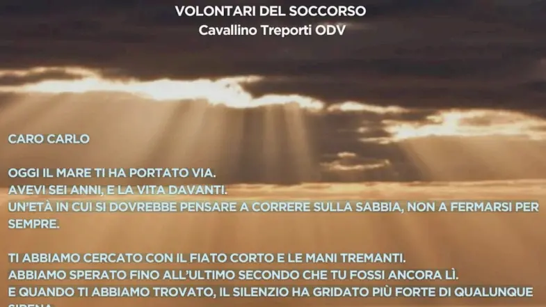 La prima parte della lettera scritta dai volontari del soccorso di Cavallino al piccolo Carlo