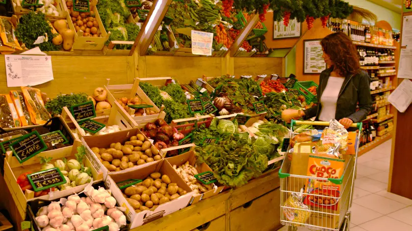 SUPERMERCATO BIOLOGICO 'NATURASI', PRODOTTI BIOLOGICI, CARRELLO CON LA SPESA DI FRUTTA E VERDURA.