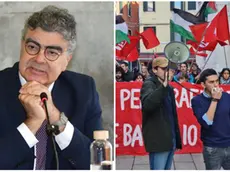 Emanuele Fiano a Ca' Foscari e a fianco la contestazione all'esterno (foto Matteo Tagliapietra/Interpress)