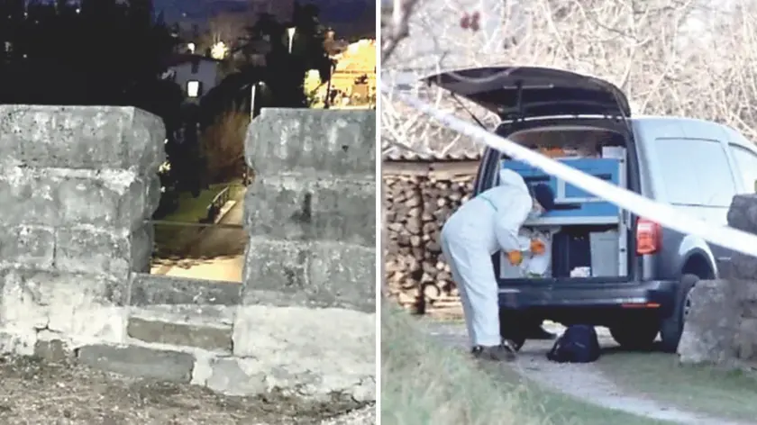 Il luogo dove fu trovato il corpo (foto Slovenske Novice) e l’intervento della Polizia slovena (foto Bumbaca)