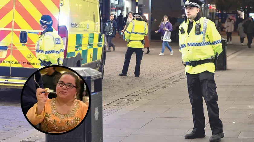 Nel tondo un’immagine di Gloria De Lazzari, e le forze dell’ordine di Manchester, la città in cui si è consumata la tragedia