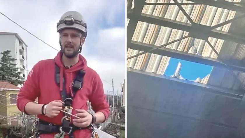 Tommaso Enzo Andreuzza e, a destra, la sezione di tetto crollata