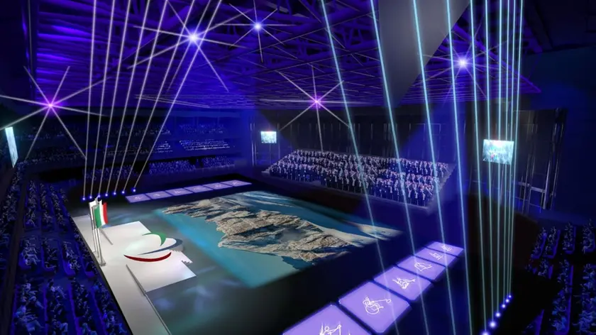 Il rendering della cerimonia conclusiva delle Paralimpiadi di invernali 2026 all’interno dello stadio del curling di Cortina