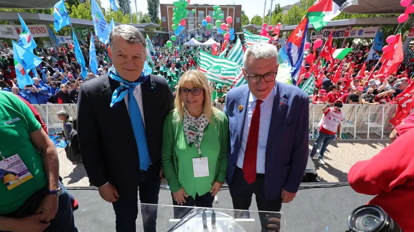 I tre leader di Cgil, Cisl e Uil a Marghera (Foto Pòrcile)