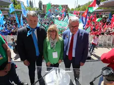 I tre leader di Cgil, Cisl e Uil a Marghera (Foto Pòrcile)