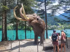Una delle installazione di riproduzioni di mammiferi del Pleistocene sul lungolago di Auronzo