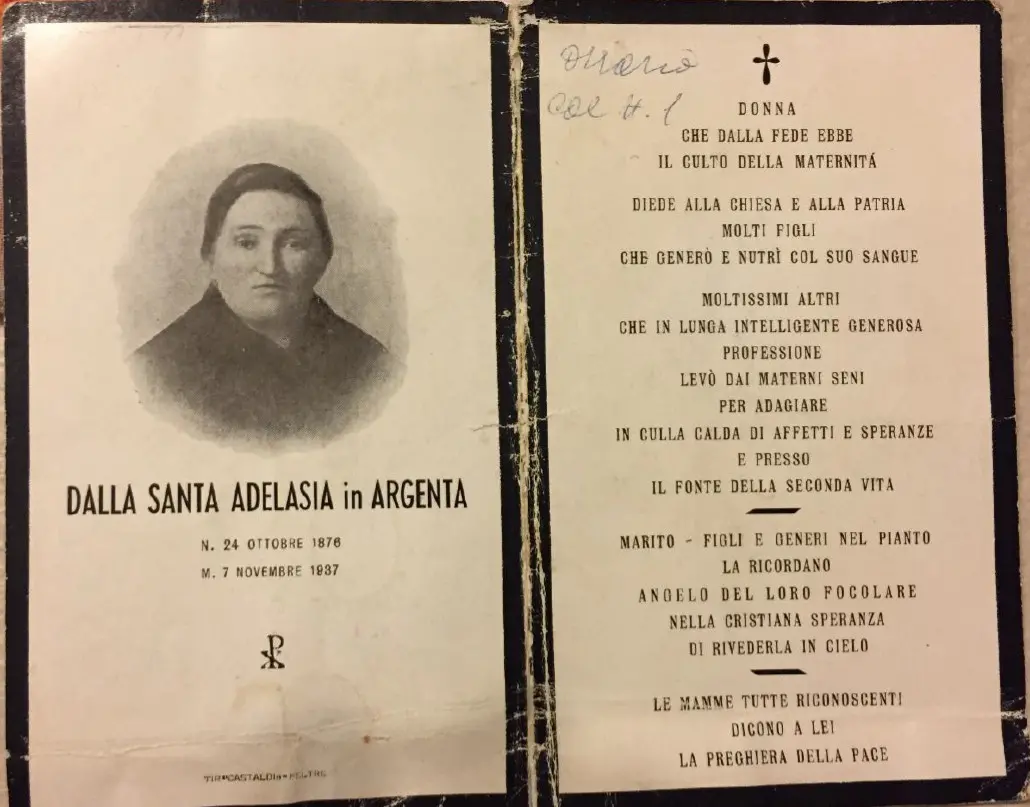 Il ricordo funebre di Adelasia Dalla Santa Argenta, scomparsa nel 1937