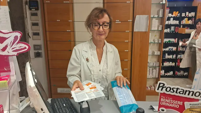 La vendita delle mascherine in farmacia a Tolmezzo (foto Di Bernardo/Petrussi)
