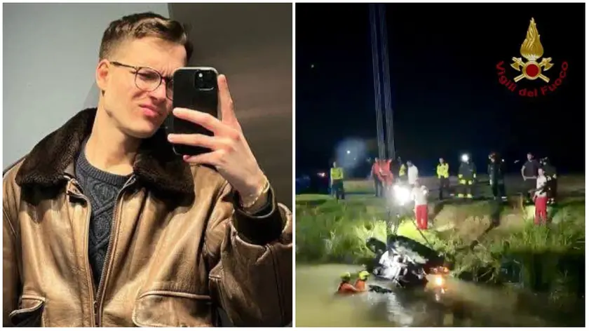 La vittima Michele Cecconi e il recupero del trattore (foto vigili del fuoco)