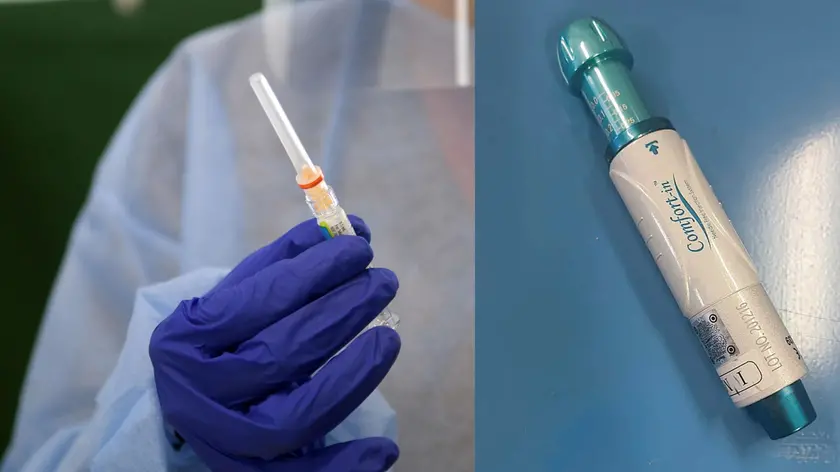 A sinistra una vaccinazione tradizionale; a destra il dispositivo che genera un flusso ad alta velocità in grado di somministrare la dose di vaccino senza usare siringhe