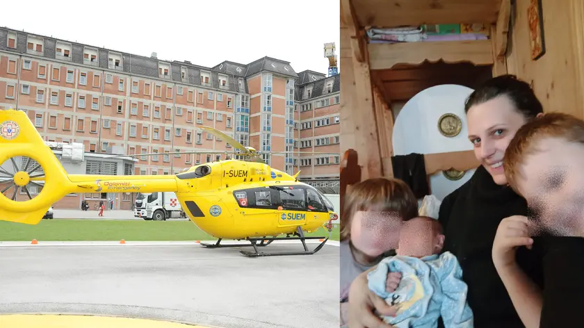 L'elòicottero del Suem davanti al San Martino di Belluno, Elisa Sacco con il piccolo Mathias e gli altri due figli