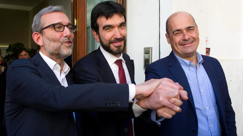 Roma 28/02/2019, i candidati alle primarie del PD al termine del confronto televisivo su Sky. Nella foto Roberto Giachetti, Maurizio Martina, Nicola Zingaretti