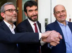 Roma 28/02/2019, i candidati alle primarie del PD al termine del confronto televisivo su Sky. Nella foto Roberto Giachetti, Maurizio Martina, Nicola Zingaretti