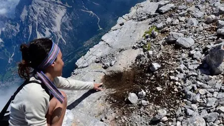 Impronte di dinosauro ai 3000 metri di quota del Monte Pelmo, sulle Dolomiti: sulla cresta dello spallone nord-est, tra le nuvole, un gruppo di cinque speleologi e alpinisti ha individuato una possibile pista di orme di dinosauro. Esaminando la roccia hanno notato una pista di cinque probabili impronte disposte in un'unica direzione, a distanza regolare l'una dall'altra. L'impresa e' stata compiuta insieme a quattro speleologi e alpinisti dell'associazione di Esplorazioni geografiche La Venta: ad accorgersi delle impronte in piena cresta sono stati il geologo Francesco Sauro e la speleologa padovana Roberta Tanduo. ANSA/UFFICIO STAMPA LA VENTA ESPLORAZIONI GEOGRAFICHE +++EDITORIAL USE ONLY - NO SALES+++