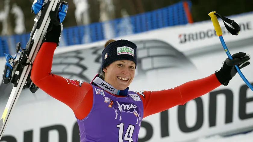 Elena Fanchini of Italy celebrates in the finish area after winning the women's FIS Alpine Skiing World Cup Downhill race in Cortina d'Ampezzo, Italy, 16 January 2015. ANSA/ANDREA SOLERO