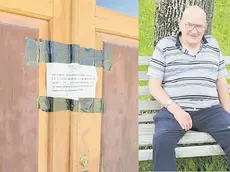 Angelo Mainardi e i sigilli sul portone della casa da cui sono entrati i banditi