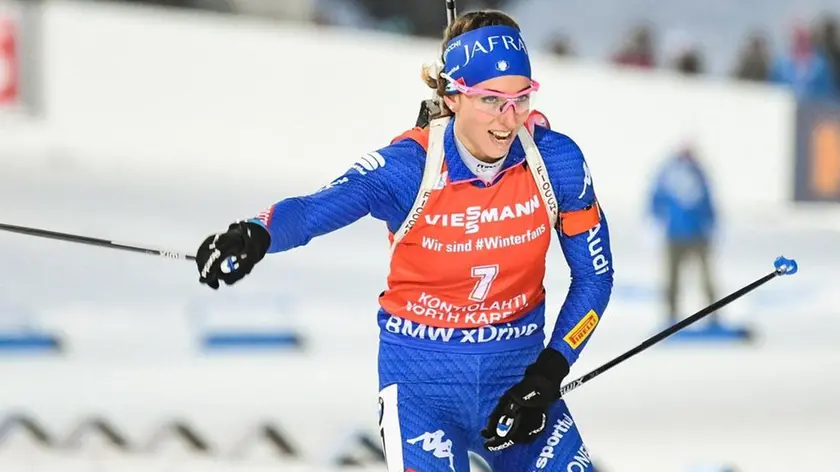 epa06596377 Lisa Vittozzi from Italy in the finish area after taking second place in the Women's 12.5 Km Mass Start race at the IBU Biathlon World Cup in Kontiolahti, Finland, 11 March 2018. EPA/KIMMO BRANDT