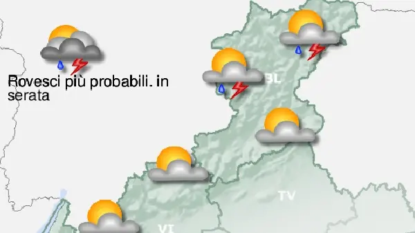 Le previsioni di Arpav per il pomeriggio/sera di domenica