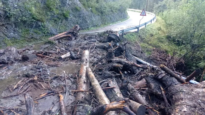 La strada Panoramica del Comelico, chiusa per una colata detritica (foto Veneto strade)