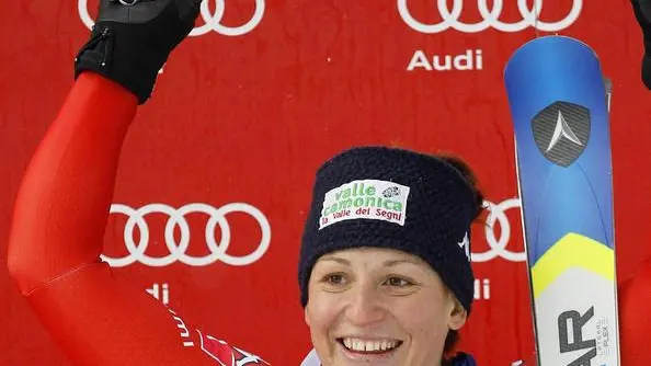 Elena Fanchini of Italy celebrates on the podium after the women's FIS Alpine Skiing World Cup Downhill race in Cortina d'Ampezzo, Italy, 16 January 2015. Fanchini won the race. ANSA/ANDREA SOLERO