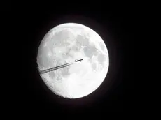 epa04346762 A plane is silhouetted against the moon as it is seen from Kalchreuth, Germany, 08 August 2014. EPA/DANIEL KARMANN