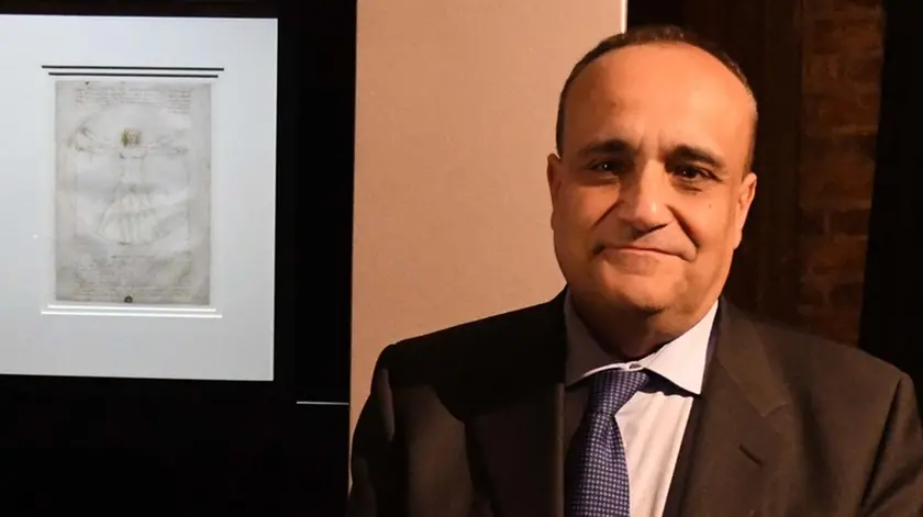 Interpress/M.Tagliapietra Venezia 16.04.2019.- Il Ministro Alberto Bonisoli alla Mostra "Leonardo Da Vinci. L'Uomo modello del Mondo". Gallerie dell'Accademia. Nella foto Davanti all'Uomo Vitruviano.