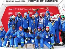 Second placed Johanna Schnarf (C) of Italy celebrates with her teammates on the podium after the women's SuperG race at the FIS Alpine Ski World Cup in Cortina d'Ampezzo, Italy, 21 January 2018. ANSA/ANDREA SOLERO