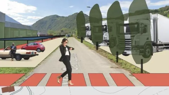 Una simulazione del masterplan di Confindustria per Villapaiera: via Camp Lonc con parcheggi per auto e camion