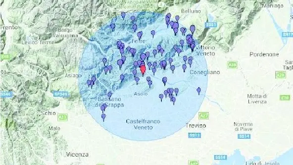 La mappa del sisma elaborata dal Centro di Ricerche Sismologiche di Udine