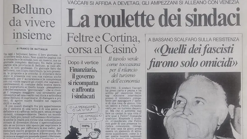 La prima pagina del primo numero del Corriere delle Alpi in edicola il 27 settembre 1994