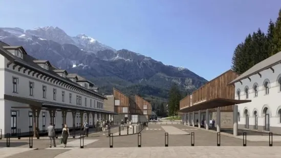Un rendering di come apparirà l'ex stazione di Cortina