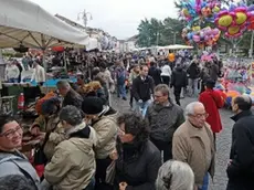 La folla che ha riempito ieri il centro di Belluno per la sagra di San Martino, e una delle bancarelle di fiori