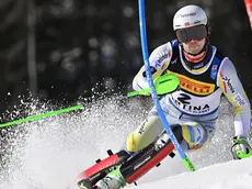 epa09027201 Sebastian Foss-Solevaag of Norway cuts a gate during the 1st run of the Men's Slalom race at the Alpine Skiing World Championships in Cortina d'Ampezzo, Italy, 21 February 2021. EPA/JEAN-CHRISTOPHE BOTT