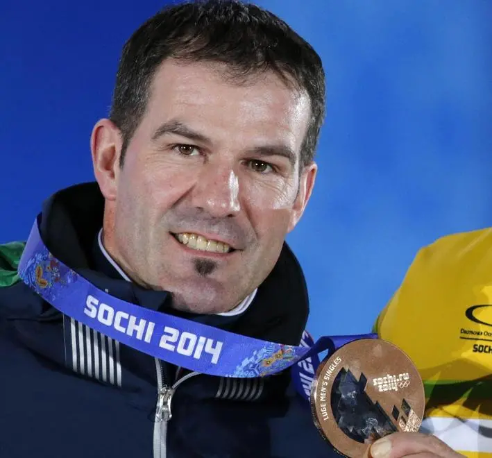 Bronze winner Armin Zoeggeler of Italy during the medal ceremony for the Men's Singles Luge at the Sochi 2014 Olympic Games, Sochi, Russia, 10 February 2014. ANSA/ANATOLY MALTSEV