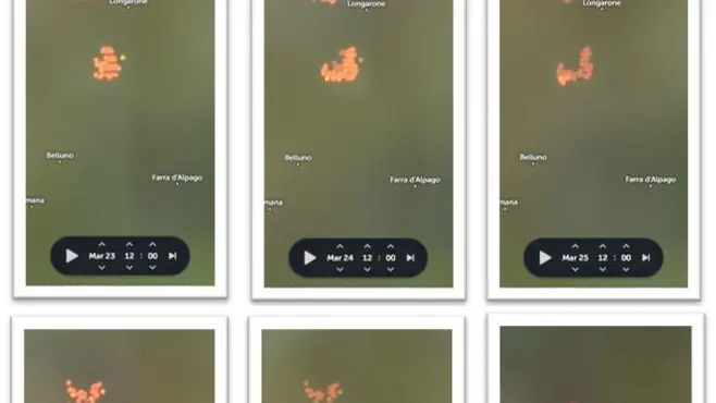 Le immagini catturate da Eumetsat ed elaborate da Zoom Earth con il filtro "Calore e incendi" che testimoniano l'evoluzione degli incendi da un mezzogiorno all'altro
