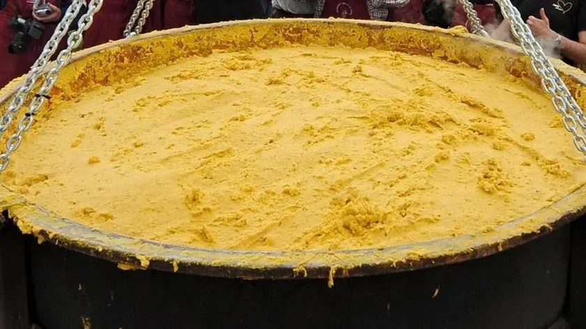 Belluno, 17 aprile 2010. la polenta più grante del mondo - Con il peso di 1.194 chili Feltre entra nel guinnes dei primati per la polenta piu' grande del mondo. L'impresa e' stata realizzata dai giovani della Consulta e alla coop La Fiorita. VALENTE A PAGINA 19