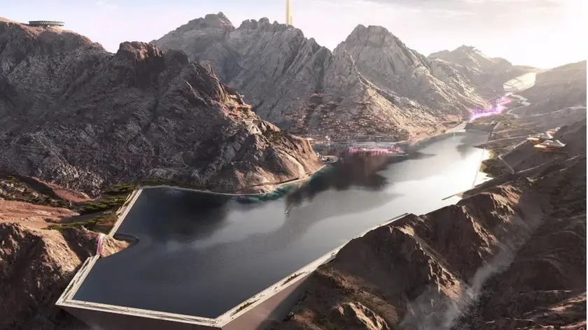 Il lago che Webuild dovrà costruire tra le montagne dell'Arabia Saudita per la stazione sciistica di Trojena