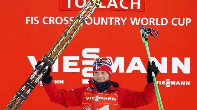 Winner Martin Johnsrud Sundby of Norway celebrates on the podium after the men's 35km Free Pursuit race at the Tour de Ski Cross-Country World Cup event in Dobbiaco, Italy, 3 January 2014. ANSA/ANDREA SOLERO