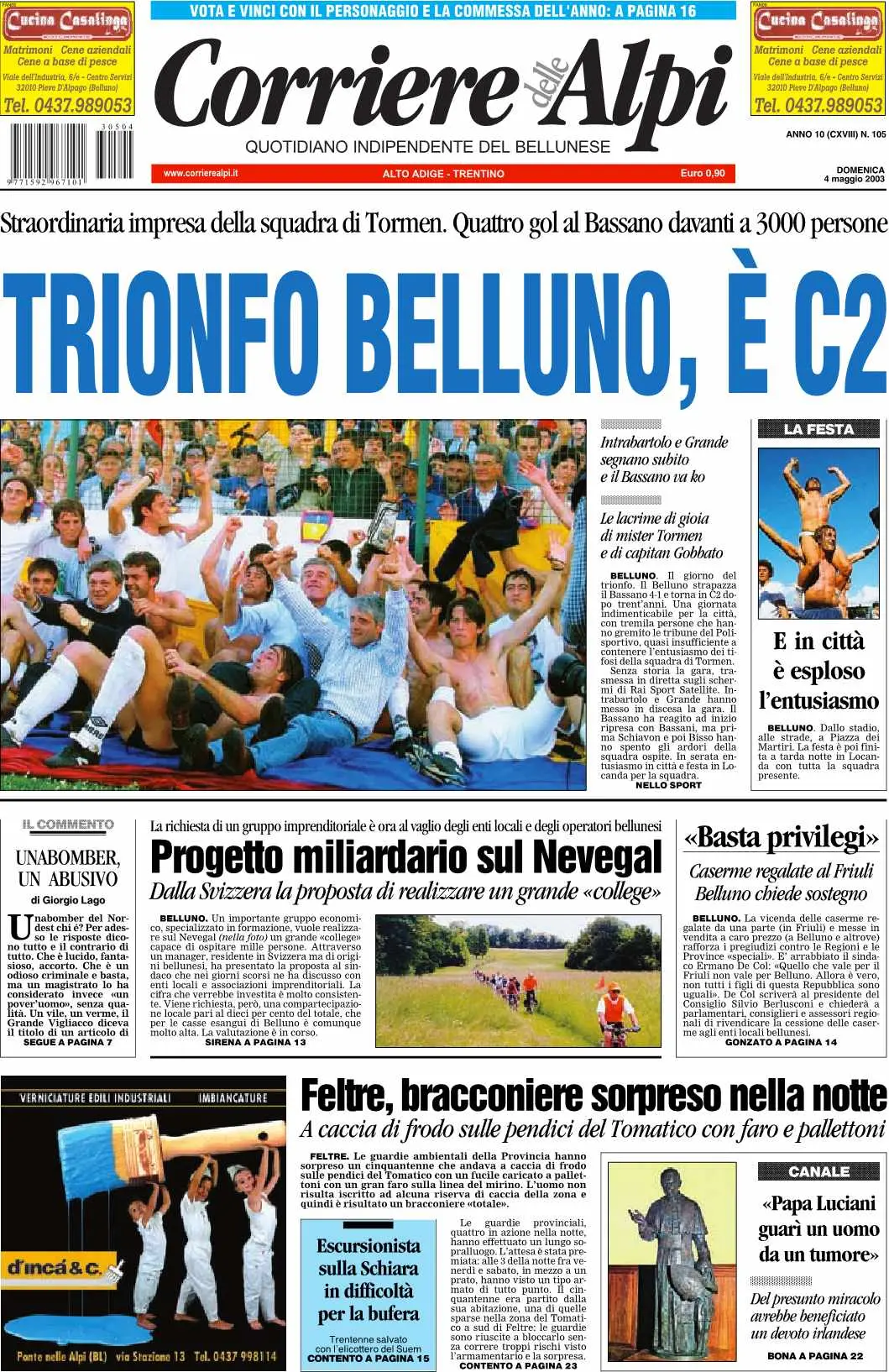 La prima pagina del Corriere delle Alpi