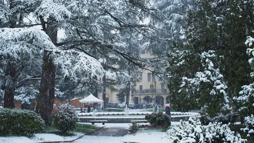 La nevicata a Belluno: piazza Martiri oggi a mezzogiorno