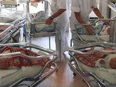 Due infermiere con alcuni neonati in ospedale in una foto d'ARCHIVIO. ANSA - Neonati nella nursery di un ospedale di Roma