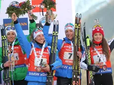 (L-R) Lisa Vittozzi, Federica Sanfilippo, Alexia Runggaldier, Dorothea Wierer of Italy celebrate on the podium after the women's 4x6km Relay race of the Biathlon World Cup in Antholz-Anterselva, Italy, 22 January 2017. ANSA/ANDREA SOLERO